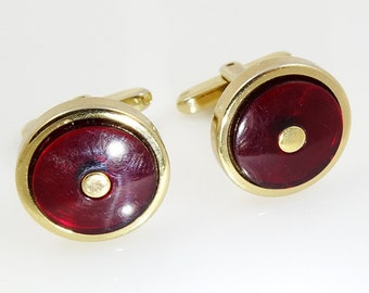 Vintage Hickok Cufflinks 1940s 50s Round Red Goldtone