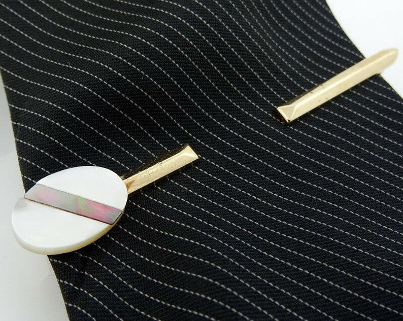 Swank Vintage Tie Bar Pierced Look White Mother-of-Pearl 2.5 1950s