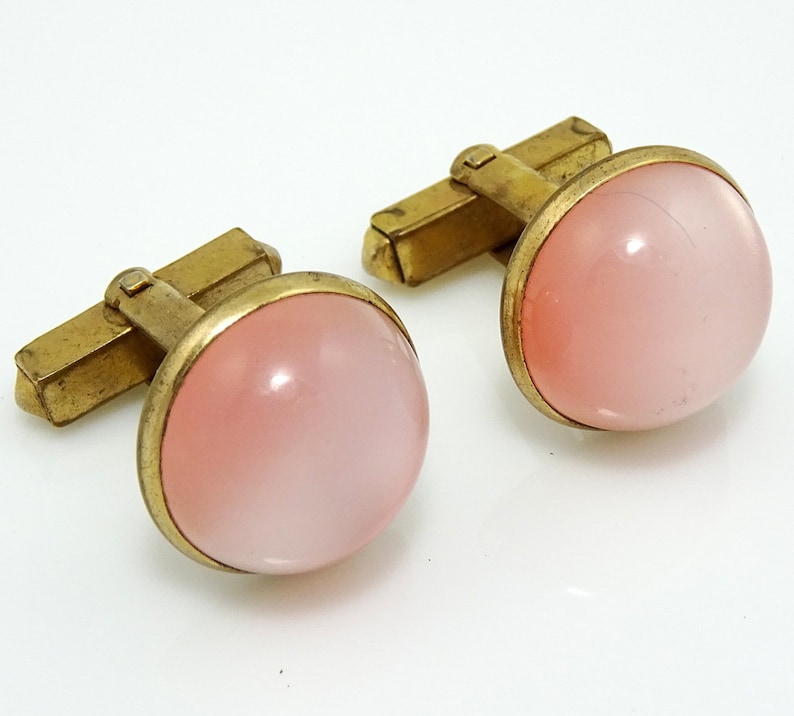 Pink Vintage Cufflinks 1940s Dome Cab Cabochon Round Moonglow