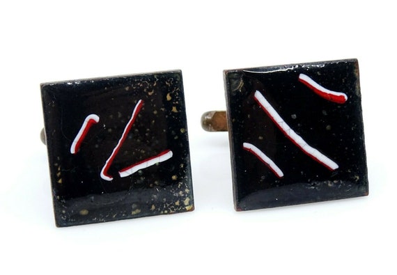 Mod Vintage Cufflinks Enamel on Copper Black Squa… - image 1