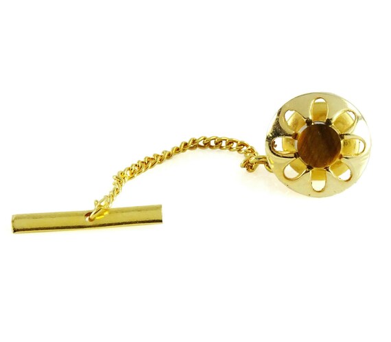 Vintage Tie Tack Pin Round Floral Design Brown Ti… - image 1
