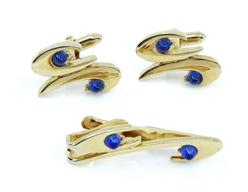 Swank Vintage Cufflinks Set with Tie Clip Bar Blue Goldtone Mod Cuff Links