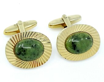 Green Nephrite Jade Stone Cufflinks Oval Vintage 1960s 70s Cuff Links