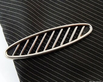 Vintage Tie Clip Silver Tone Oval Stripes 2"