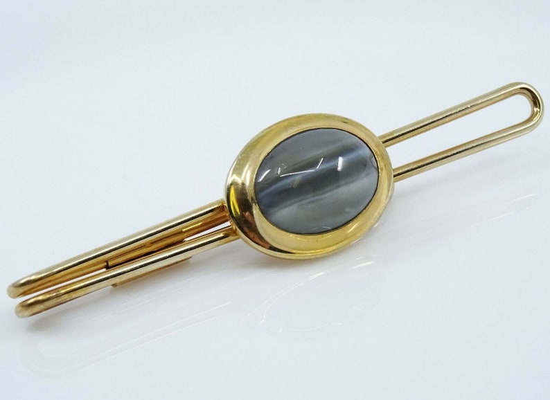 Vintage Tie Bar Clip Art Deco Style Gray Glass Stone Cabochon