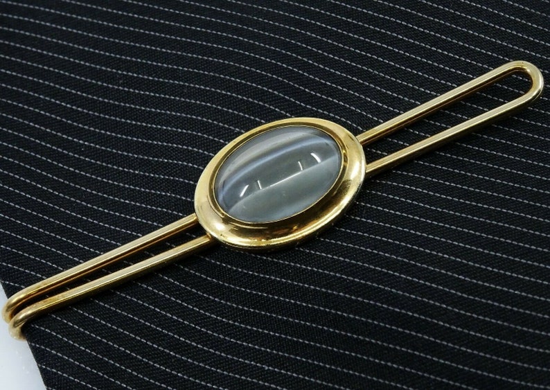 Vintage Tie Bar Clip Art Deco Style Gray Glass Stone Cabochon