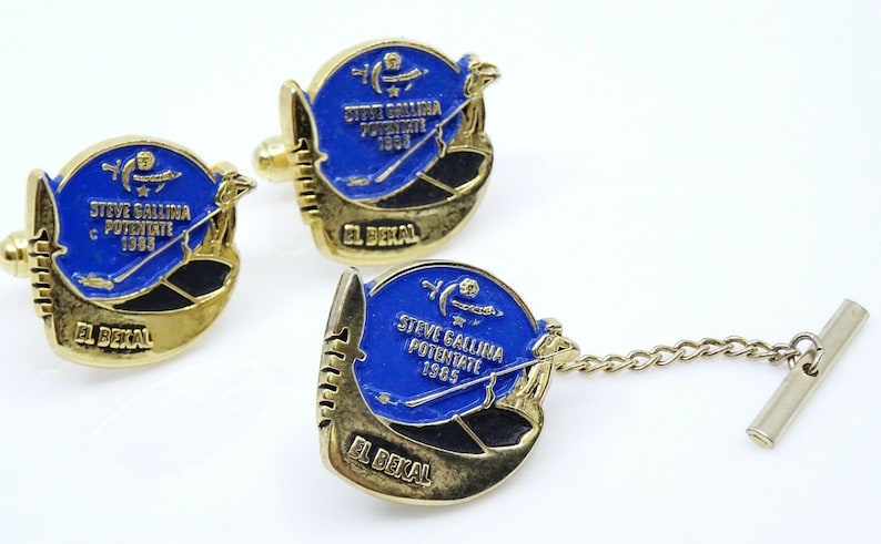 El Bekal Shriners Cufflinks Set w Tack Pin Vintage 1985 Potentate Gondola Blue