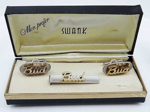 BUD Name Vintage Cufflinks and Tie Clip Bar Set S… - image 1