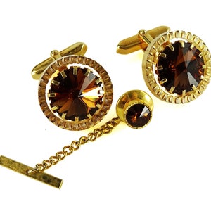 Vintage Cufflinks Set with Tie Tack Brown Rivoli Rhinestone in Box image 3