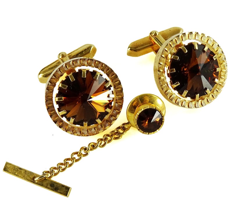 Vintage Cufflinks Set with Tie Tack Brown Rivoli Rhinestone in Box image 3