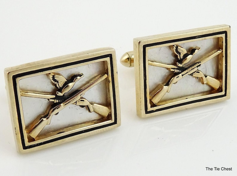 Vintage 1950s Swank Duck Hunt Cufflinks Gold Tone White Mother-of-Pearl MOP