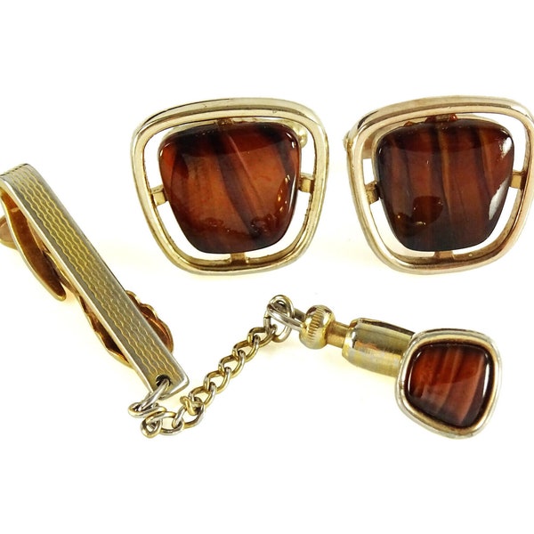 Hickok Vintage Cufflinks Set w Tie Tack Pin Brown Stone Ascot Tie Guard