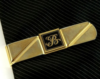 Vintage Letter B initial Tie Bar Clip 2 1/4" Goldtone Black