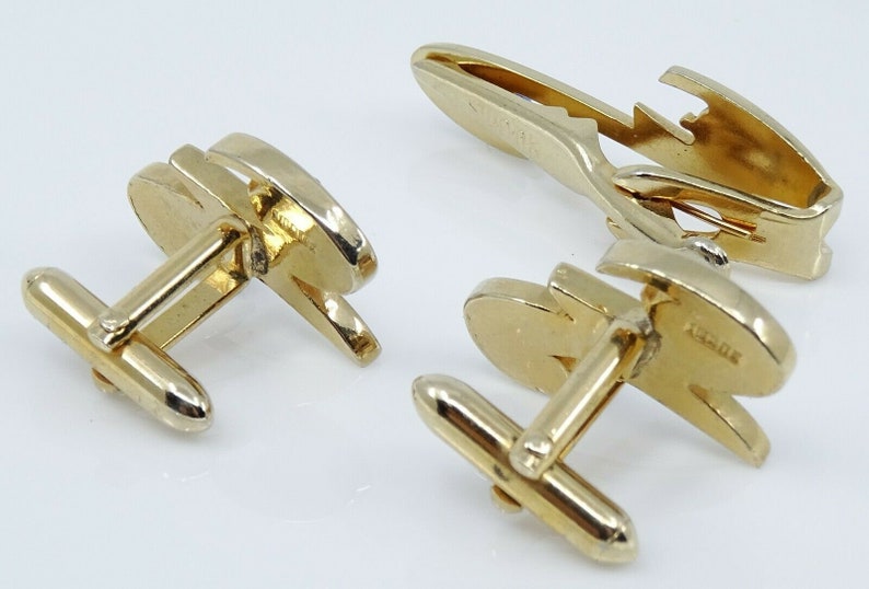 Swank Vintage Cufflinks Set with Tie Clip Bar Blue Goldtone Mod Cuff Links