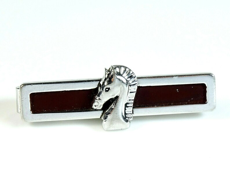 Swank Vintage 1950s Roman Gladiator Horse Tie Bar Clip Silvertone Brown