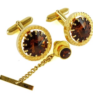 Vintage Cufflinks Set with Tie Tack Brown Rivoli Rhinestone in Box image 4