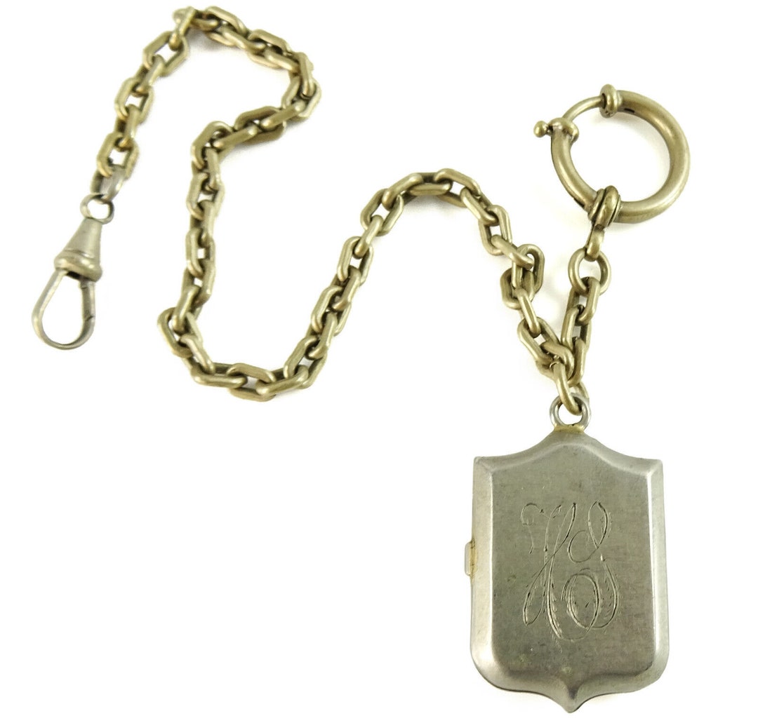 Antique Pocket Watch Chain With Sweetheart Photo Locket Fob HS Etsy