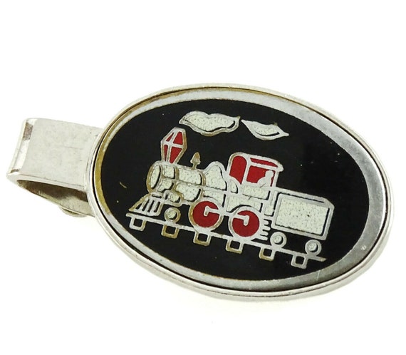 Train Locomotive Vintage Tie Clip Bar Enamel Blac… - image 1
