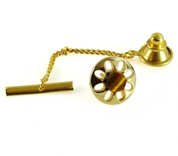 Vintage Tie Tack Pin Round Floral Design Brown Ti… - image 2