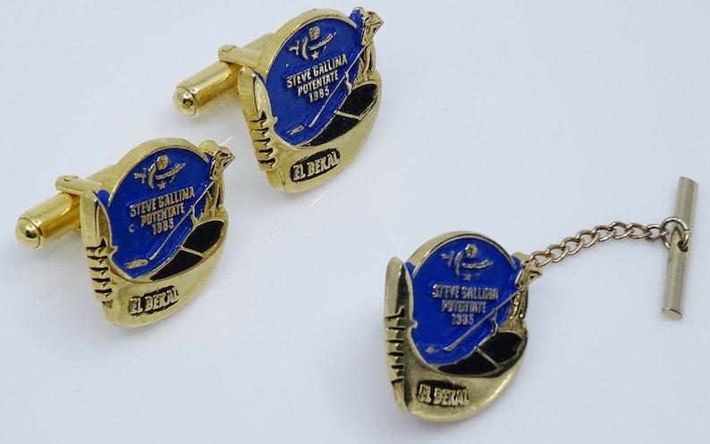 El Bekal Shriners Cufflinks Set w Tack Pin Vintage 1985 Potentate Gondola Blue