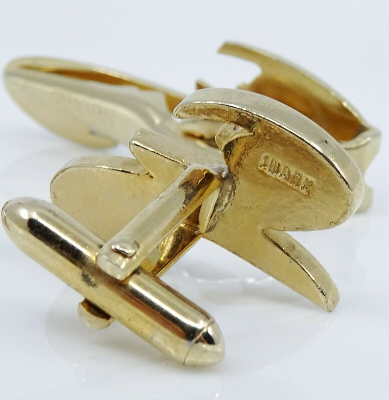 Swank Vintage Cufflinks Set with Tie Clip Bar Blue Goldtone Mod Cuff Links