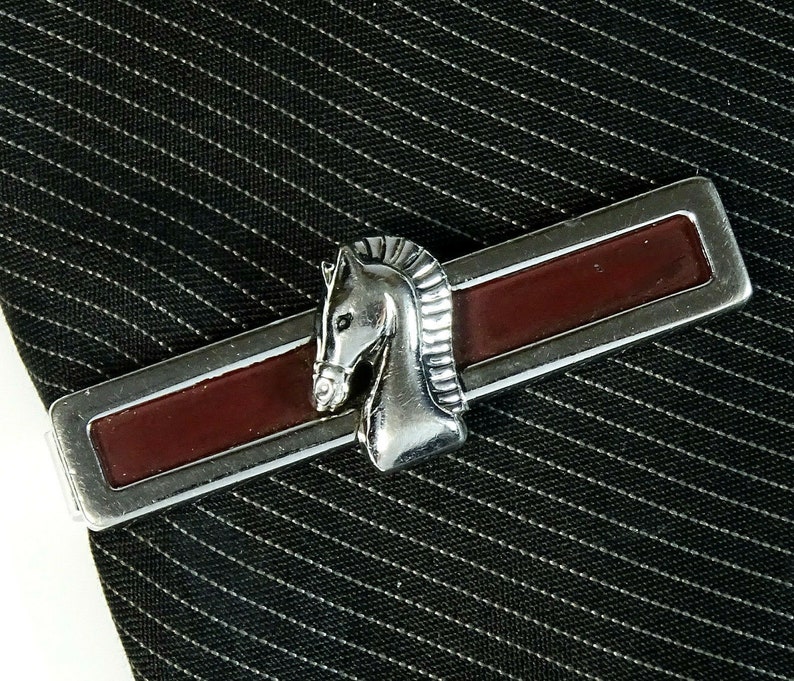 Swank Vintage 1950s Roman Gladiator Horse Tie Bar Clip Silvertone Brown