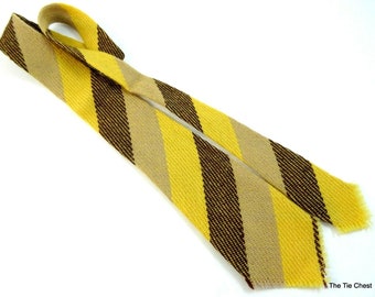 Vintage Tie Woven Knitted Necktie Fringe Yellow Gold Brown Stripe