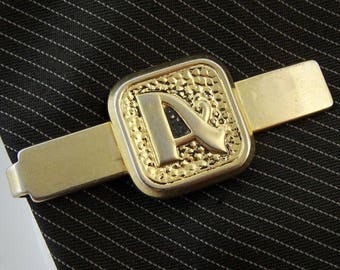 Vintage Tie Clip Bar Letter A Initial Gold Tone 2" 5cm