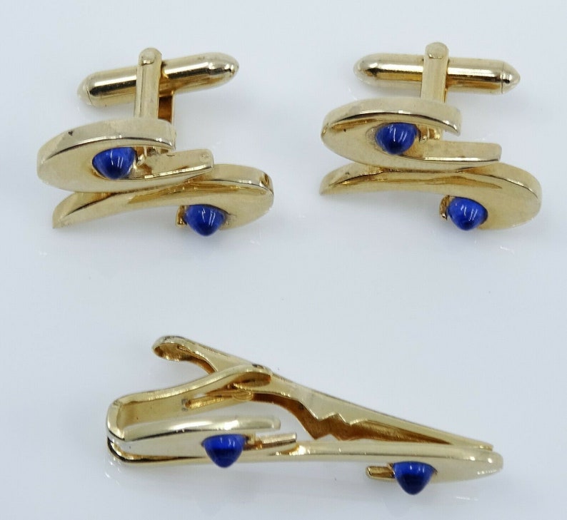 Swank Vintage Cufflinks Set with Tie Clip Bar Blue Goldtone Mod Cuff Links