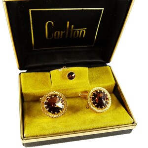 Vintage Cufflinks Set with Tie Tack Brown Rivoli Rhinestone in Box image 2