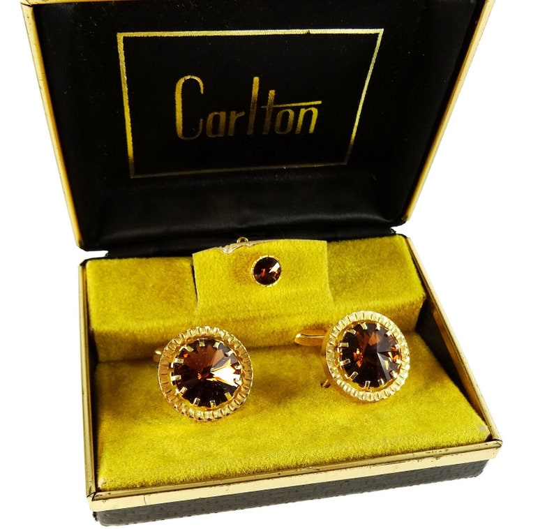 Vintage Cufflinks Set with Tie Tack Brown Rivoli Rhinestone in Box image 2