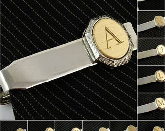 Vintage Tie Clip Bar Silver Tone Letter Initial Personalized 1.25"