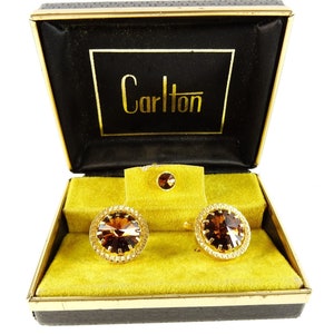 Vintage Cufflinks Set with Tie Tack Brown Rivoli Rhinestone in Box image 1