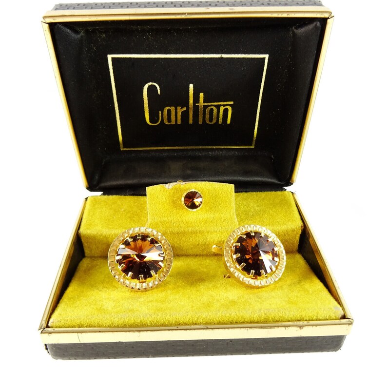 Vintage Cufflinks Set with Tie Tack Brown Rivoli Rhinestone in Box image 1