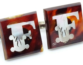 Vintage Cufflinks Letter F Initial Mother of Pearl Inlay Faux Tortoise Shell