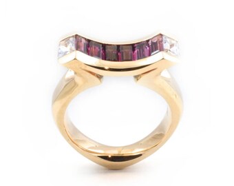 Garnet and Blue Sapphire ring, 9K yellow gold ring. natural stones and solid gold.