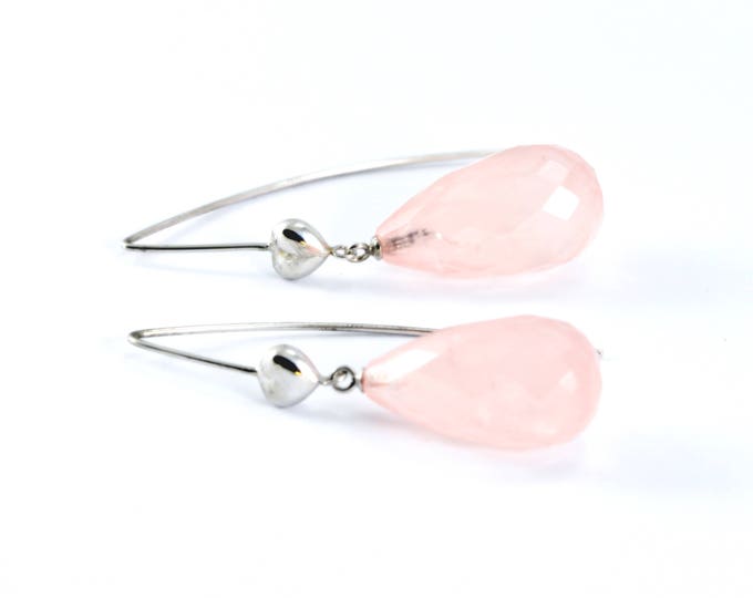 Rose Quartz earrings, hooks sterling silver solid, Rose quartz briolettes with stg sil heart shaped features on hooks.