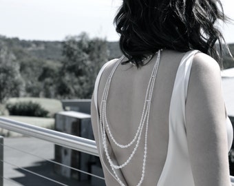 Pearl necklace/back necklace, bridal boby jewelry. Sterling silver, and real cultured pearls.