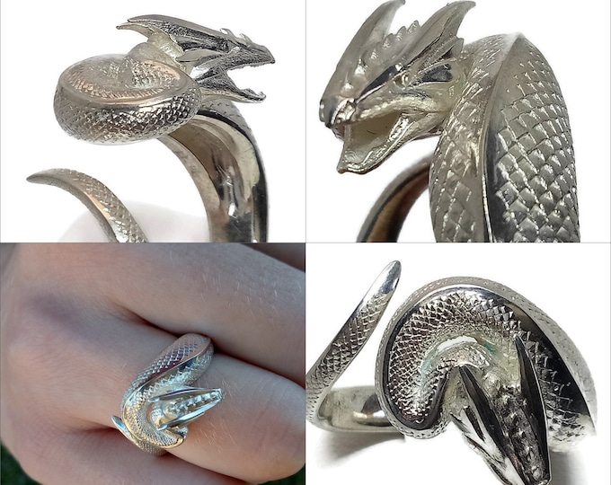 Dragon ring born of lightning solid sterling silver 10gms exquisite detail elemental dragon ring. A small dragon curled around your finger