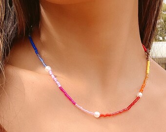 Rainbow and Pearl Beaded Necklace, Beaded Necklace, Pearl Necklace, Seed Bead Jewelry, Rainbow Beaded Choker, Summer Necklace