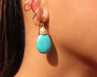 1602 Turquoise Magnesite Circle Drop Earrings Turquoise Blue Gemstone Dangle Earrings Small Circle Earrings