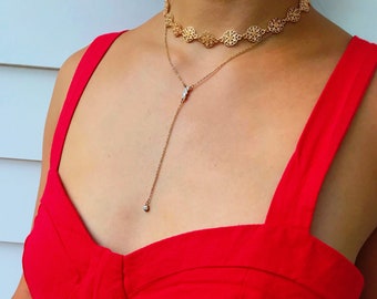 Delicate Gold Lariat Necklace- Gold Bar Y Necklace/ Gold Bar Drop/ Long Lariat Necklace/ Minimal Layering Necklace/ Layered Gold/ JOSEPHINE