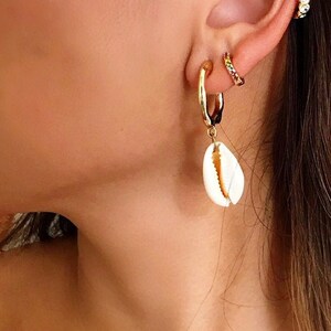 Cowrie shell hoop earrings- dainty shell hoops/ shell jewelry/ cowrie jewelry/ shell earrings/ gold hoops/ nature hoops/ shell hoops/ LUCIAA