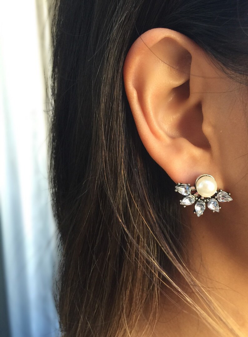 Silver Ear Jackets pearl ear jacket/ sparkly ear jacket/ Etsy