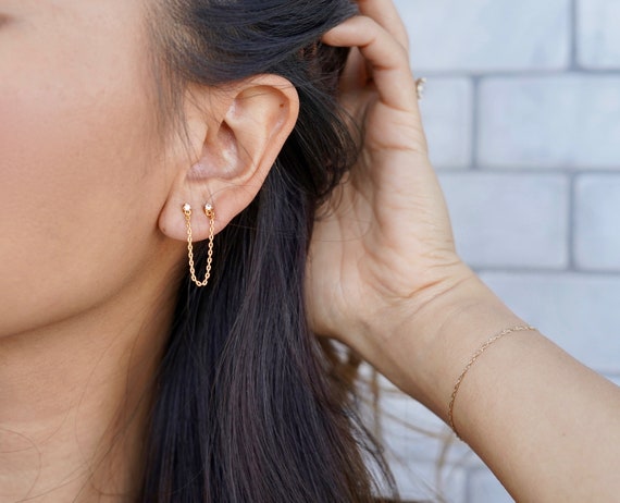 14k Gold-plated Silver Hoop and Post Multi Gemstone Chain Earrings for Double Pierced Ears 14k Gold-plated Silver Hoop and Post Multi Gemstone Chain Earrings for Double Pierced Ears