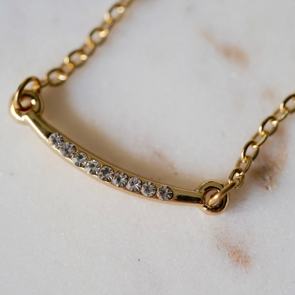Diamond Curve Bar Necklace- Dainty Curved Bar Gold Necklace/ Minimal Necklace/ Delicate Layering Necklace/ CZ / Pave Crystal Bar/ EVANGELINE