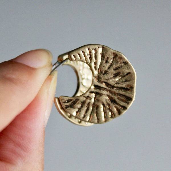 Gold Crescent Moon Hoop Earrings- crescent earrings/ moon earrings/ gold hoops/ celestial jewelry/ hammered gold hoops/ flat hoops/ HAZEL