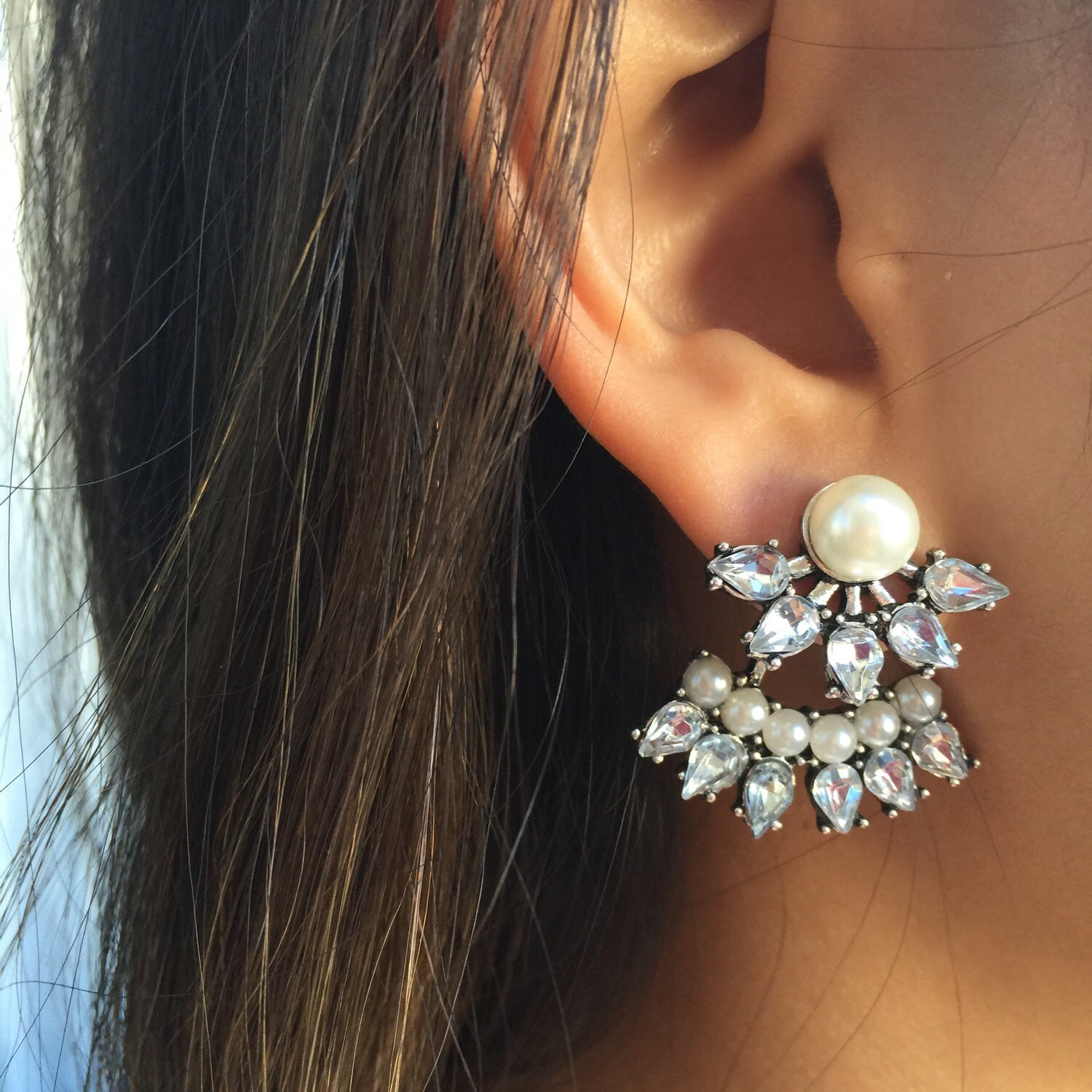 Silver Ear Jackets pearl ear jacket/ sparkly ear jacket/ Etsy