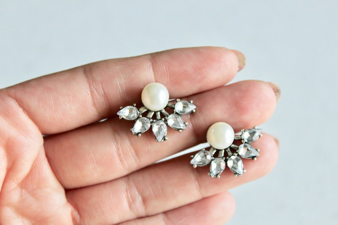 Silver Ear Jackets pearl ear jacket/ sparkly ear jacket/ Etsy