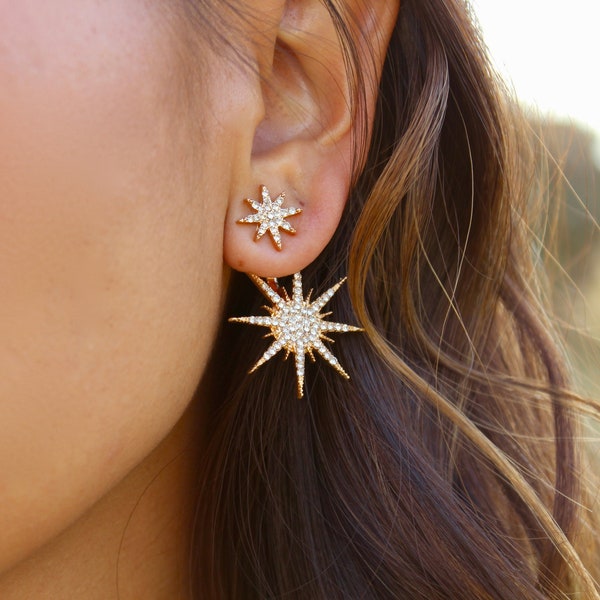 Starburst Silver Ear Jackets- silver ear jacket/ star jewelry/ sunburst/ double earring/ celestial jewelry/ falling star ear jacket/ CECILIA